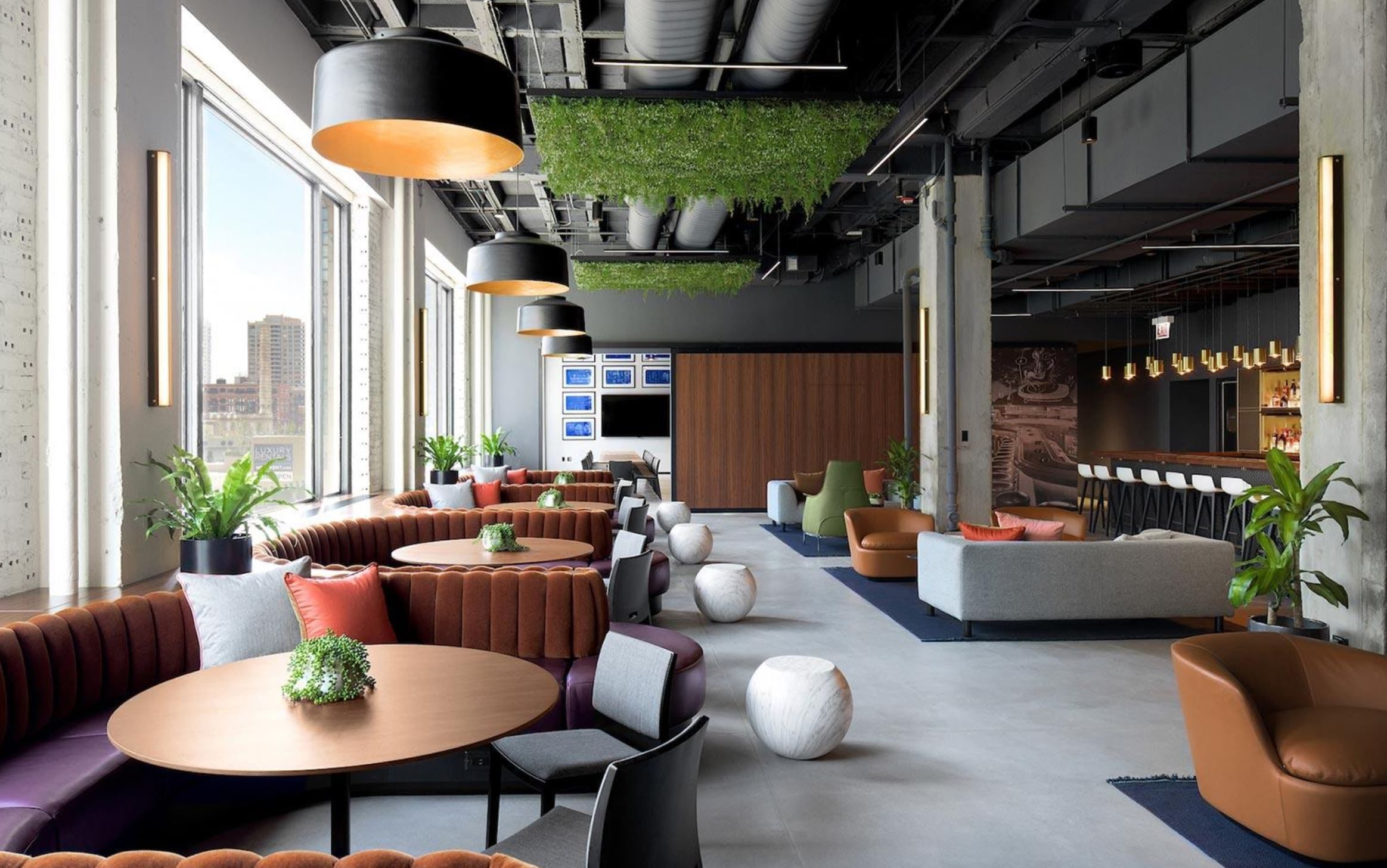 interior of workspace with tables